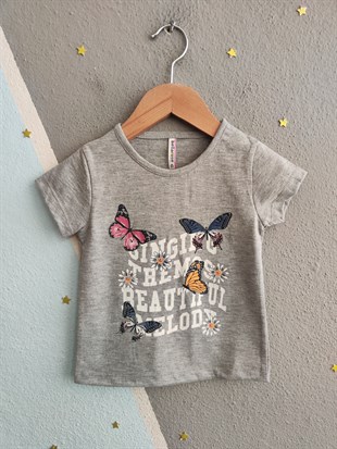 2008 -Kelebek Desenli Şortlu Kız Çocuk Takımı - Gri