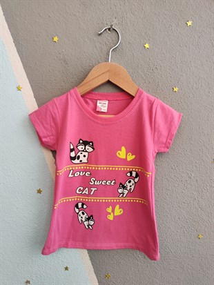 2012- Kedi Baskılı Kız Çocuk Takım - Pembe