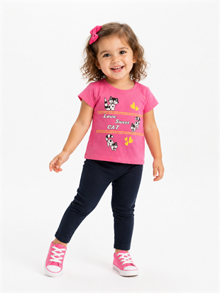 2012- Kedi Baskılı Kız Çocuk Takım - Pembe