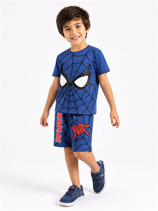 2013 -  Karakter Baskılı Şortlu Erkek Çocuk Takım - Saks