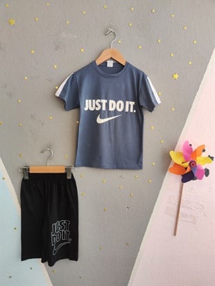 2015 - Baskılı Şortlu Erkek Çocuk Takım - Koyu mavi