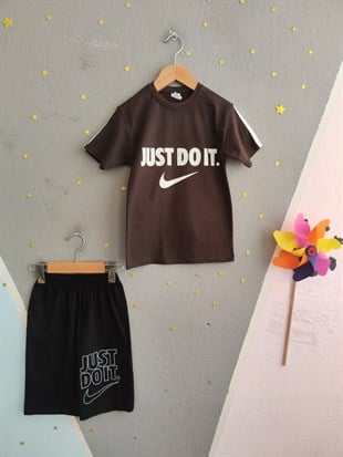 2015 - Baskılı Şortlu Erkek Çocuk Takım - Kahve