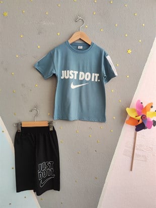 2015 - Baskılı Şortlu Erkek Çocuk Takım - Buz mavi