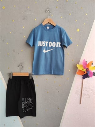 2015 - Baskılı Şortlu Erkek Çocuk Takım - Mavi