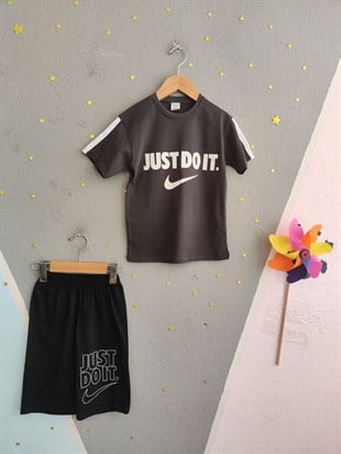 2015 - Baskılı Şortlu Erkek Çocuk Takım - Füme