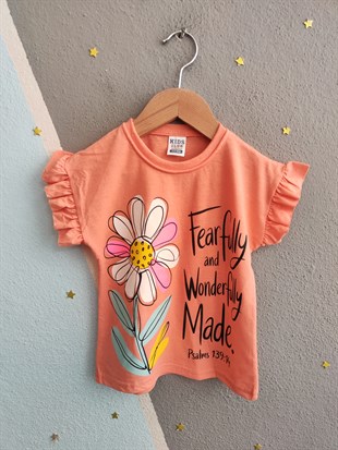 2016 - Çiçek Baskılı Fırfırlı Kız Çocuk Takım - Somon