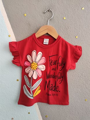 2016 - Çiçek Baskılı Fırfırlı Kız Çocuk Takım - Kırmızı