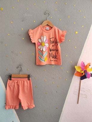 2016 - Çiçek Baskılı Fırfırlı Kız Çocuk Takım - Somon