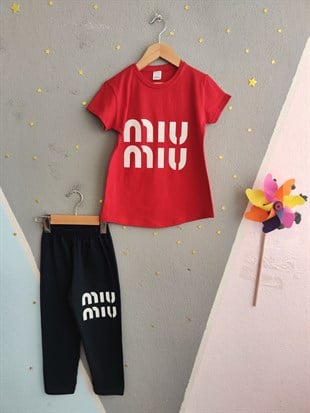 2017 - Baskılı Kapri Taytlı Kız Çocuk Takımı -kırmızı