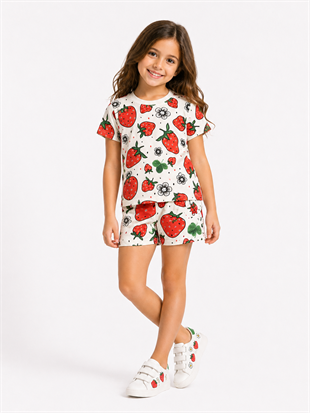 2018 - Çiçek ve Çilek  Baskılı Kız Çocuk Takımı - Krem