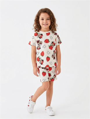 2018 - Karakter ve Çilek Baskılı Kız Çocuk Takımı - Krem- kırmızı