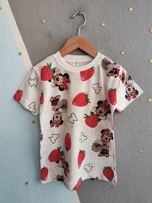 2018 - Karakter ve Çilek Baskılı Kız Çocuk Takımı - Krem- kırmızı