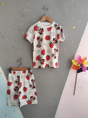 2018 - Karakter ve Çilek Baskılı Kız Çocuk Takımı - Krem- kırmızı