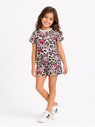 2018 - Krm Karakter Baskılı Kız Çocuk Takımı - Krem Fuşya