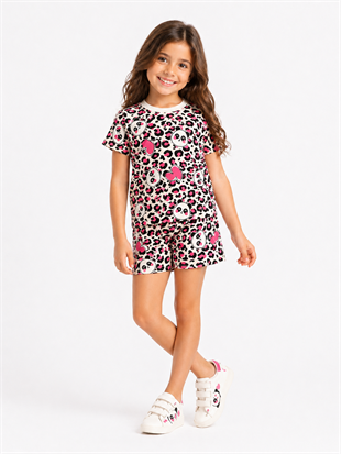 2018 - Panda ve Kalp Baskılı Kız Çocuk Takımı - Krem Fuşya