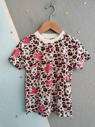 2018 - Panda ve Kalp Baskılı Kız Çocuk Takımı - Krem Fuşya