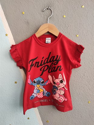 2019 - Friday Baskılı Fırfırlı Kız Çocuk Takım - Kırmızı