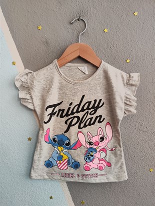 2019 - Friday Baskılı Fırfırlı Kız Çocuk Takım - Gri