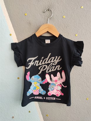 2019 - Friday Baskılı Fırfırlı Kız Çocuk Takım - Lacivert