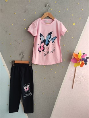 2020 - Kelebek Baskılı Kapri Taytlı Kız Çocuk Takımı -Toz Pembe