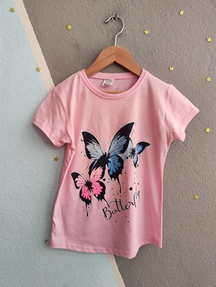 2020 - Kelebek Baskılı Kapri Taytlı Kız Çocuk Takımı -Toz Pembe