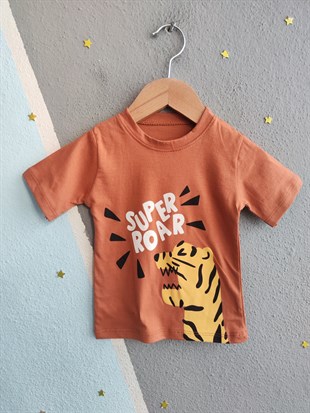 2022- Süper Roar Baskılı Şortlu Yazlık Erkek Bebek Takım- Kahve