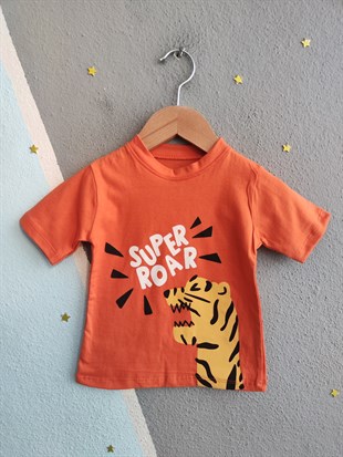 2022- Süper Roar Baskılı Şortlu Yazlık Erkek Bebek Takım- Turuncu