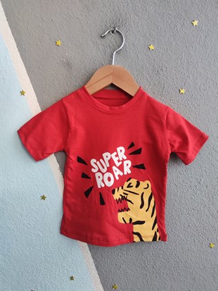 2022- Süper Roar Baskılı Şortlu Yazlık Erkek Bebek Takım- Kırmızı