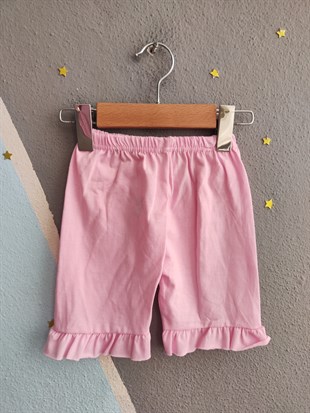 2028 - Fiyonk Baskılı Fırfırlı Kız Çocuk Takım - Toz Pembe 