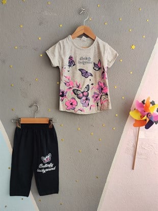 2031 - Butterfly Dream Kapri Taytlı Kız Çocuk Takımı - Gri