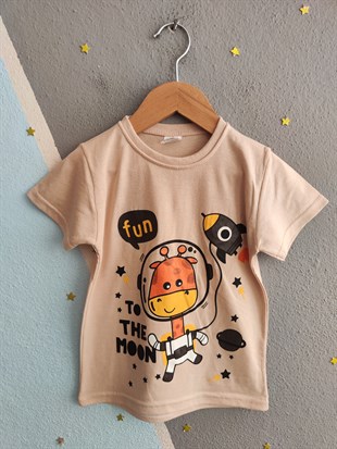 2032- Zürafa Baskılı Yazlık Erkek Çocuk Takım- Kahve