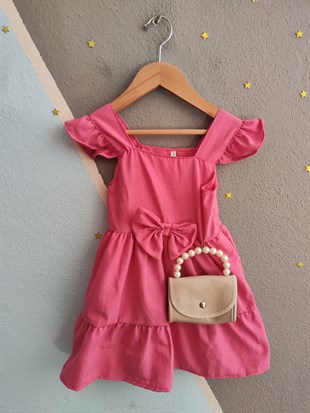 2038- Fiyonk Baskılı Çantalı Kız Çocuk Elbisesi - pembe