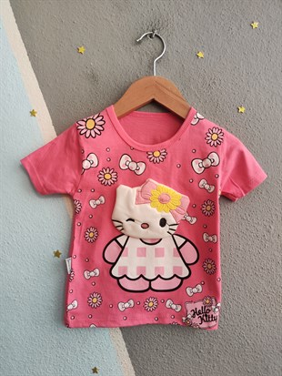 2060 - Kedi kabartmalı Kız Bebek Takım- Pembe