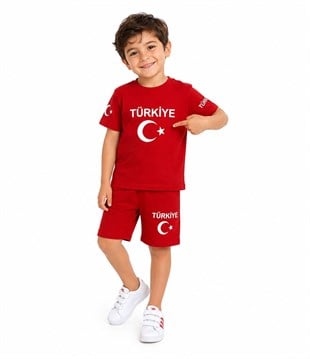 2067 -  Bayrak Baskılı Çocuk Takımı -Kırmızı