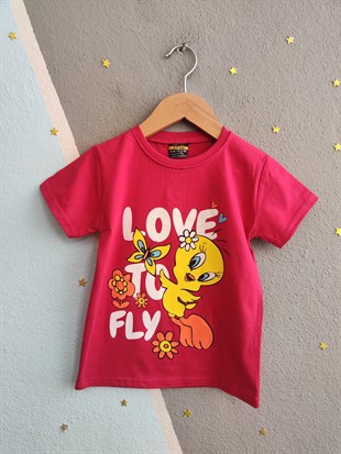 2070 - Love Baskılı Şortlu Kız Çocuk Takımı - Fuşya