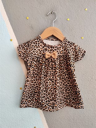 2073 - Fiyonklu Kapri Taytlı Kız  Bebek Takım - Çiçekli  Pembe -Leopar