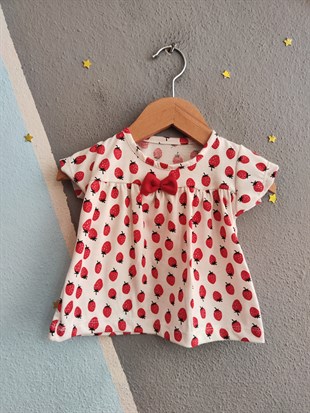 2073 - Fiyonklu Kapri Taytlı Kız  Bebek Takım - Çilekli - Kırmızı