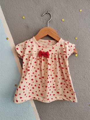 2073 - Fiyonklu Kapri Taytlı Kız  Bebek Takım - Kalp Krem - Kırmızı