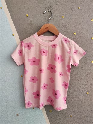 2081 - Çiçek Baskılı Kız Çocuk Takımı - Pembe