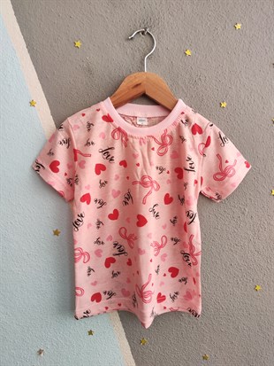 2081 - Kalp Baskılı Kız Çocuk Takımı - pembe