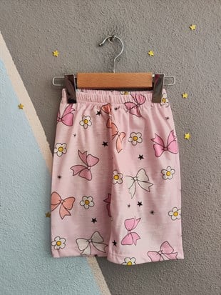 2081 - Papatya ve Fiyonk Baskılı Kız Çocuk Takımı - Pembe