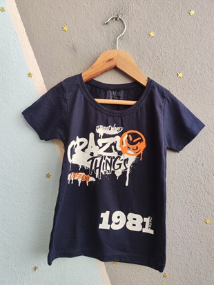 2085 - 1981 Baskılı Şortlu Erkek Çocuk Takım- Lacivert