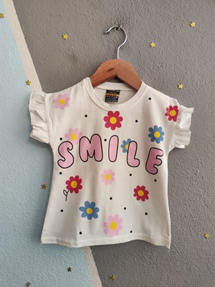 2086 - Smile Baskılı Fırfırlı Kız Çocuk Takım - Toz pembe