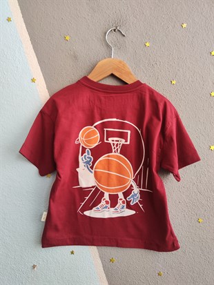 2087 - Basketbol Baskılı Şapkalı Yazlık Erkek Çocuk Takımı - Bordo
