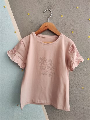 2089- Çiçek Nakışlı Kız Çocuk Takımı - Pembe