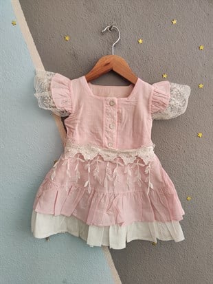 2094- Dantelli Kız Çocuk Elbisesi - Toz pembe