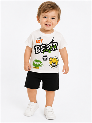 2102 -Bear Baskılı Erkek Bebek Takım - Krem -siyah