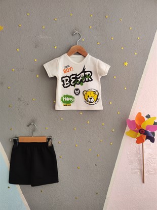2102 -Bear Baskılı Erkek Bebek Takım - Krem -siyah