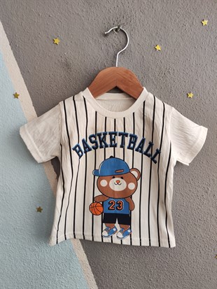 2104 - Basketbol Baskılı  Erkek Bebek Takım - Krem-mavi