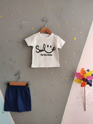 2105 - Smile Baskılı  Erkek Bebek Takım - Saks